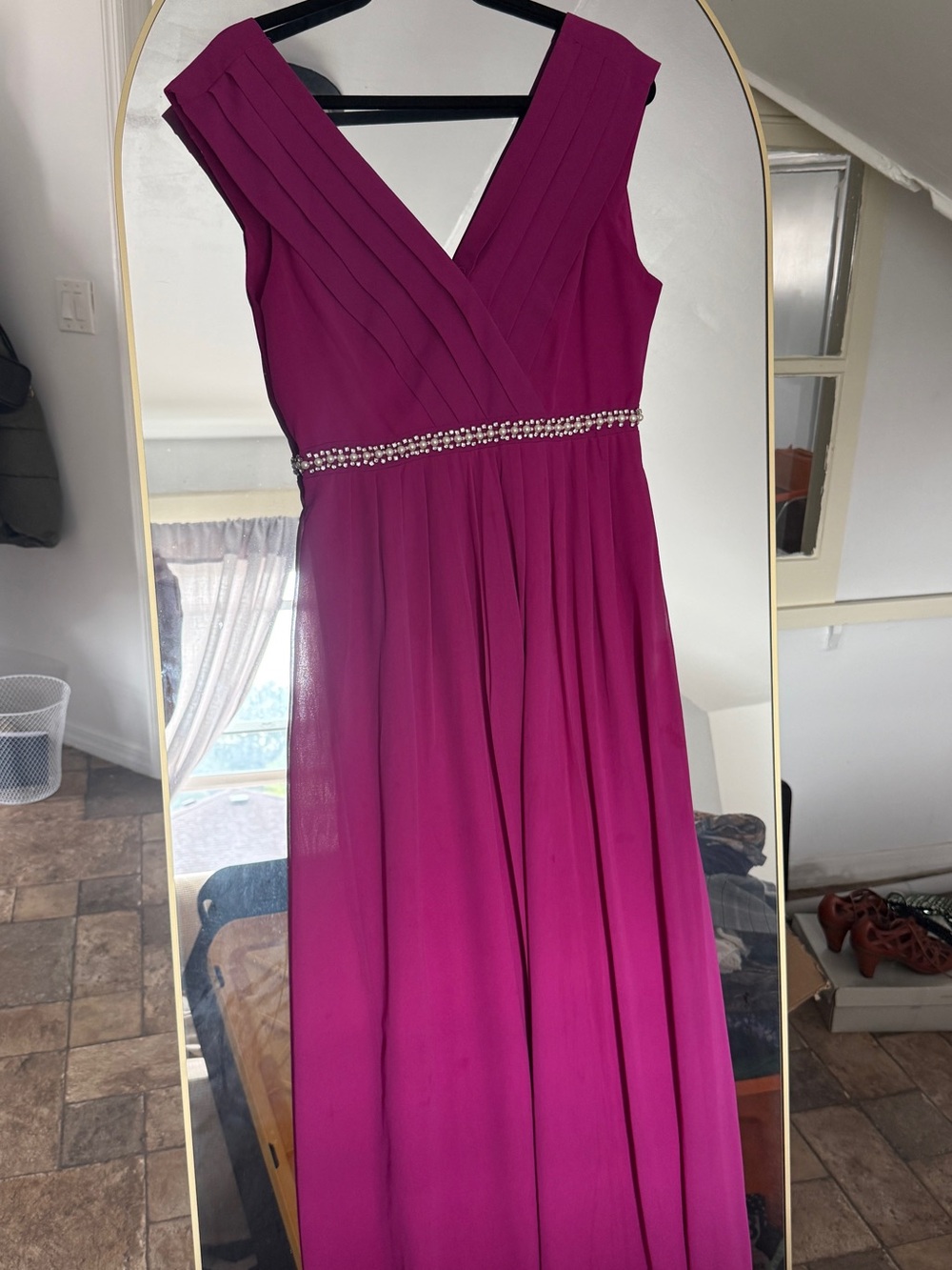 Forever 21 Fuchsia Pleated V-Neck Maxi Dress with Beaded Waist